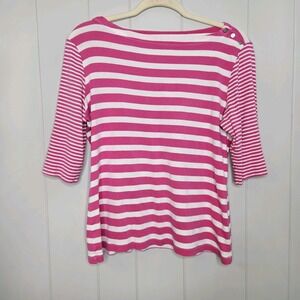 Christopher & Banks Women's Top M Pink/White Stripes 3/4 Sleeves Boat Neck    A8